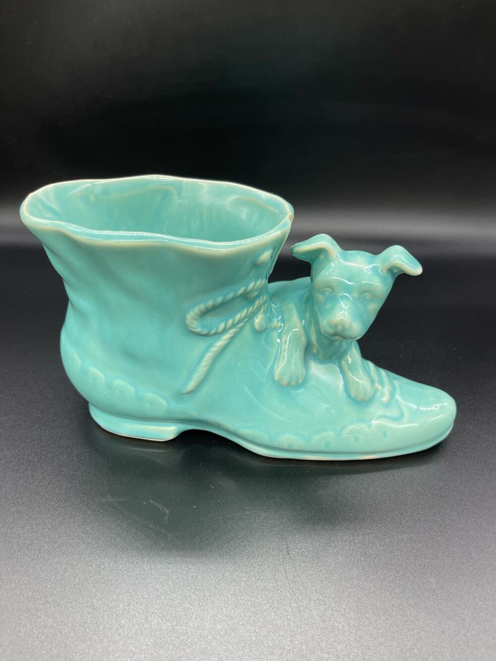 Vintage Turquoise Boot Shoe with Dog Planter Made in USA CHIP on Rim *See Photos